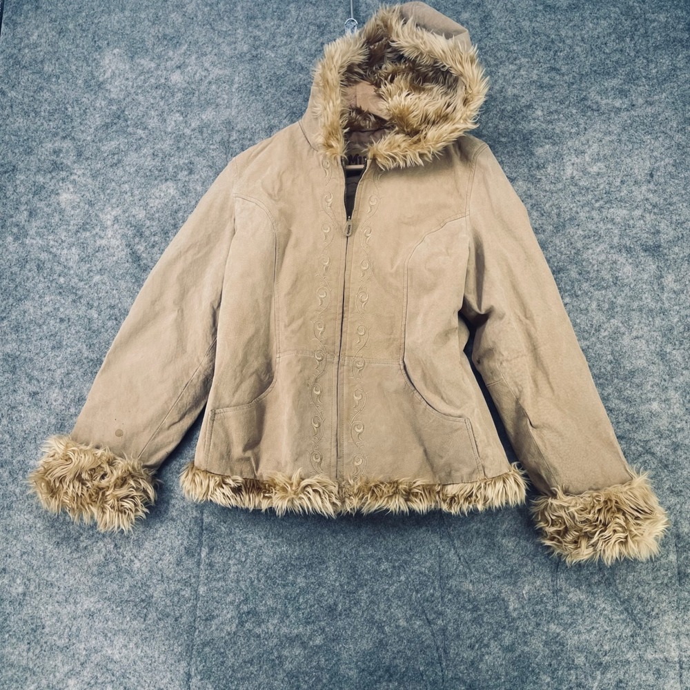Mudd Jacket Women Medium Tan Leather Faux Fur Trim Hooded Embroidered Penny Lane